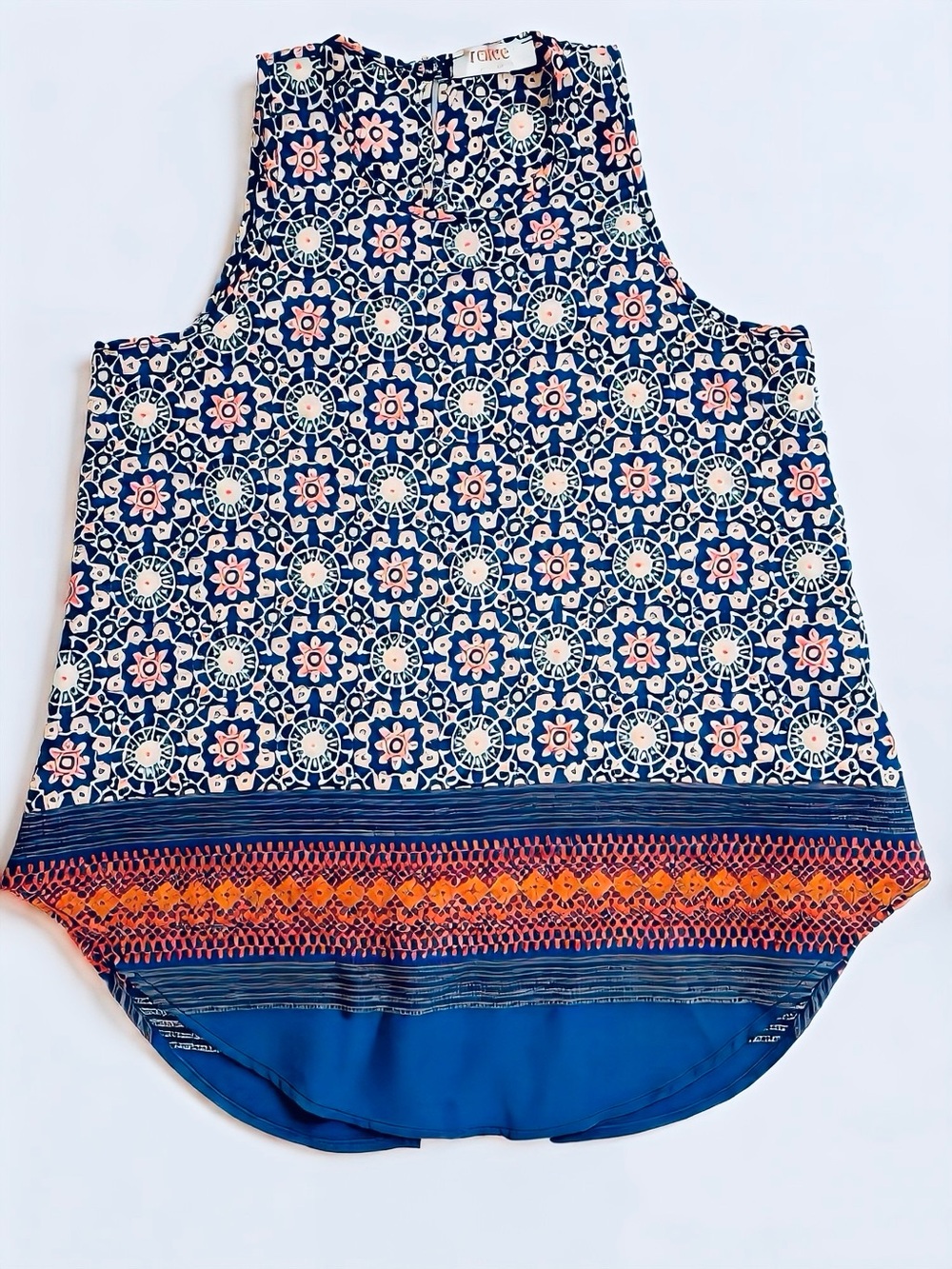 Renee C. Geometric Print Navy Orange Sleeveless Blouse Split V Back Size M